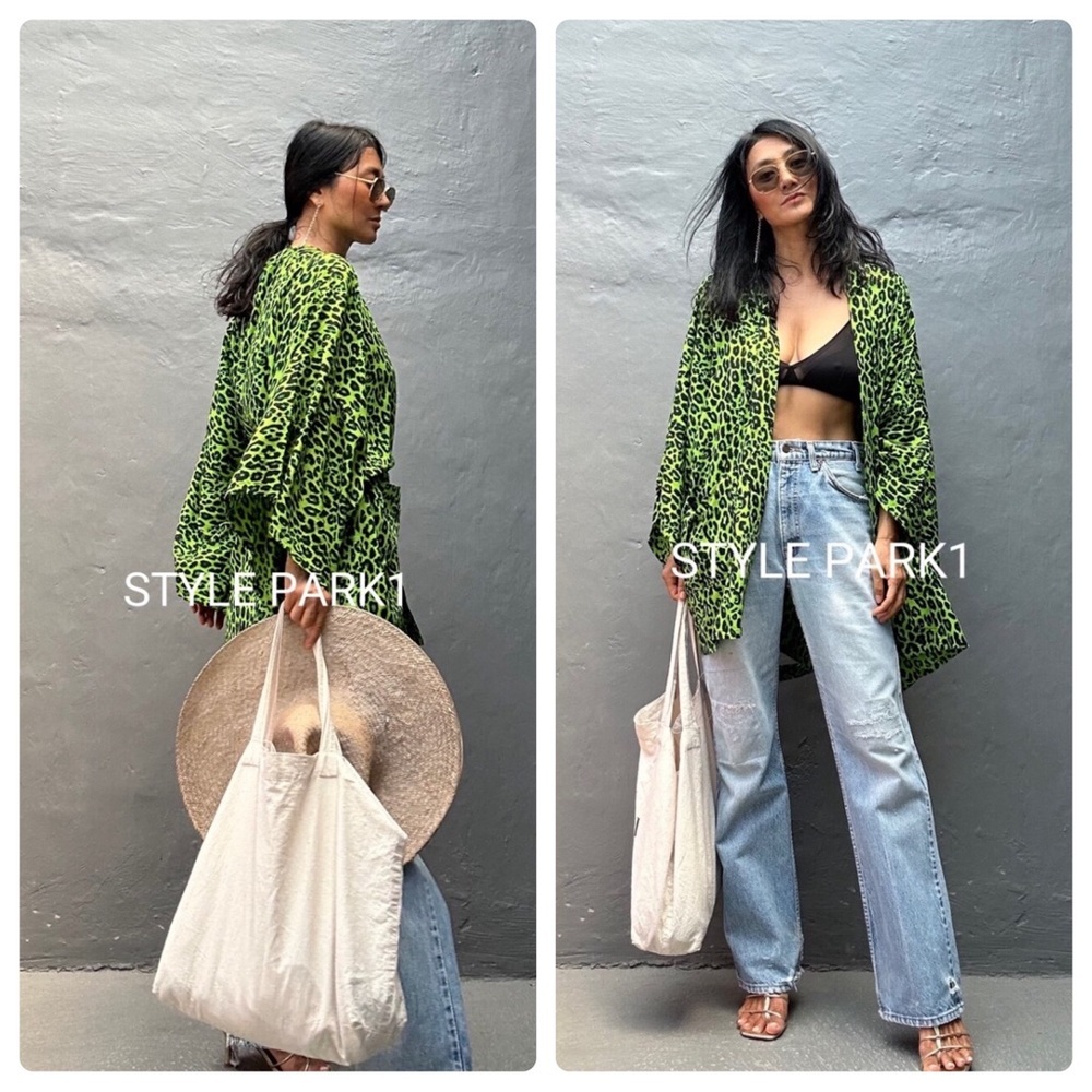 Style Park 1 Neon Green Animal Print Cheetah Kimono w/Pockets OS Bali Bohemian